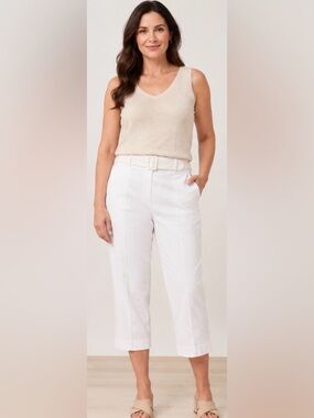 LOFT White Cotton Linen Blend Cropped Pants Size 14 Belted Capri Ankle